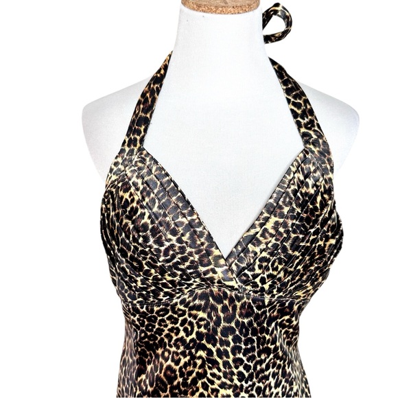 Pinup Couture Leopard Print Wiggle Dress Tie Neck Halter Large - Picture 3 of 11
